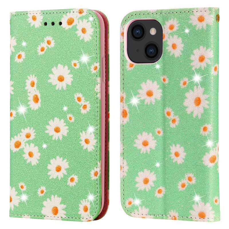 Flip Kotelot iPhone 13 Faux Leather Daisies Suojakuori