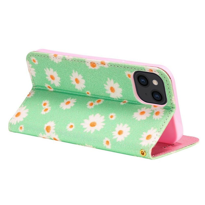 Flip Kotelot iPhone 13 Faux Leather Daisies Suojakuori