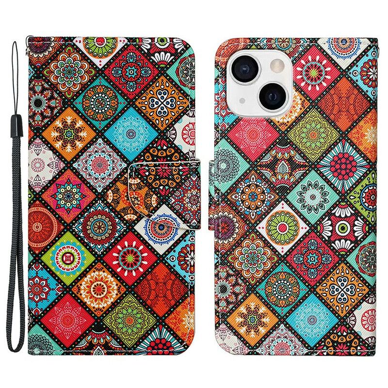 Flip Kotelot iPhone 13 Patchwork Mandalat Kaulanauhalla