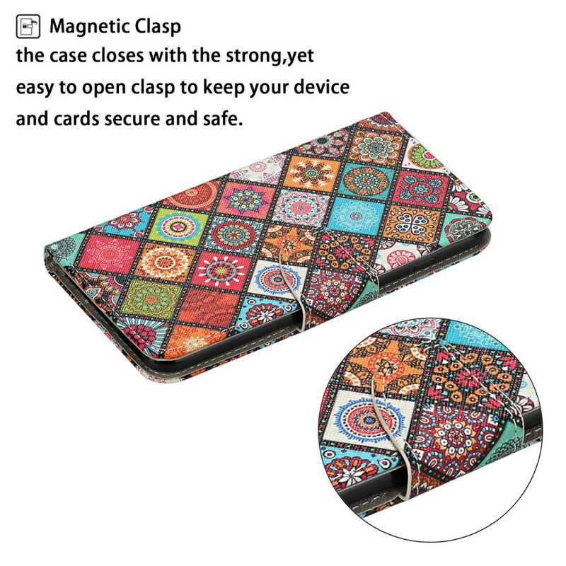 Flip Kotelot iPhone 13 Patchwork Mandalat Kaulanauhalla