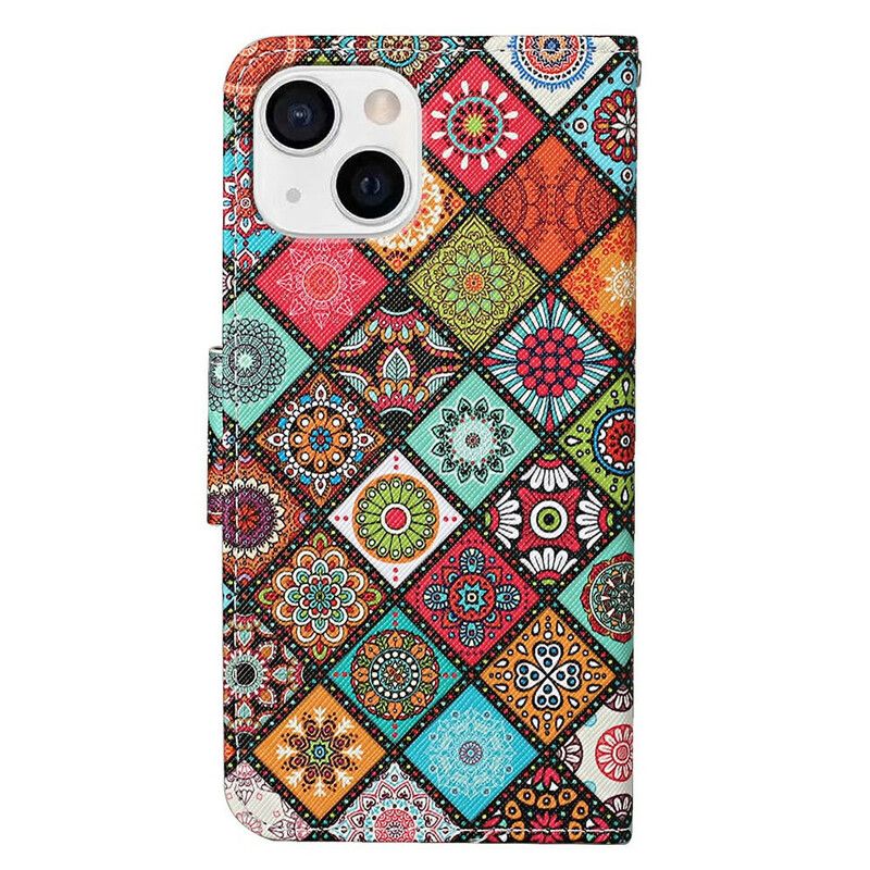 Flip Kotelot iPhone 13 Patchwork Mandalat Kaulanauhalla