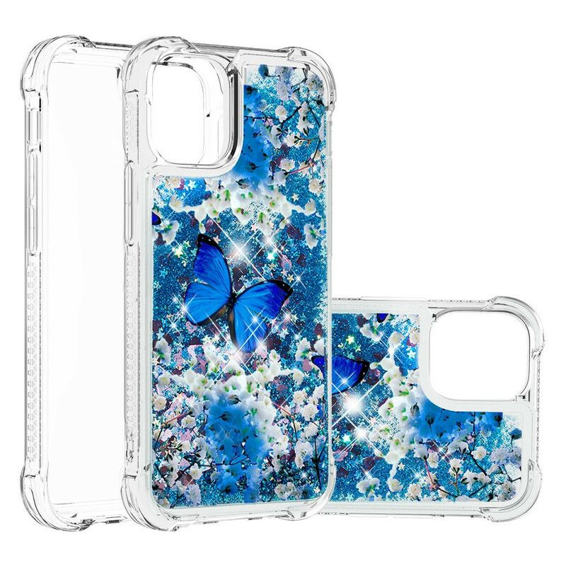 Kuori iPhone 13 Blue Glitter Butterflies Suojakuori