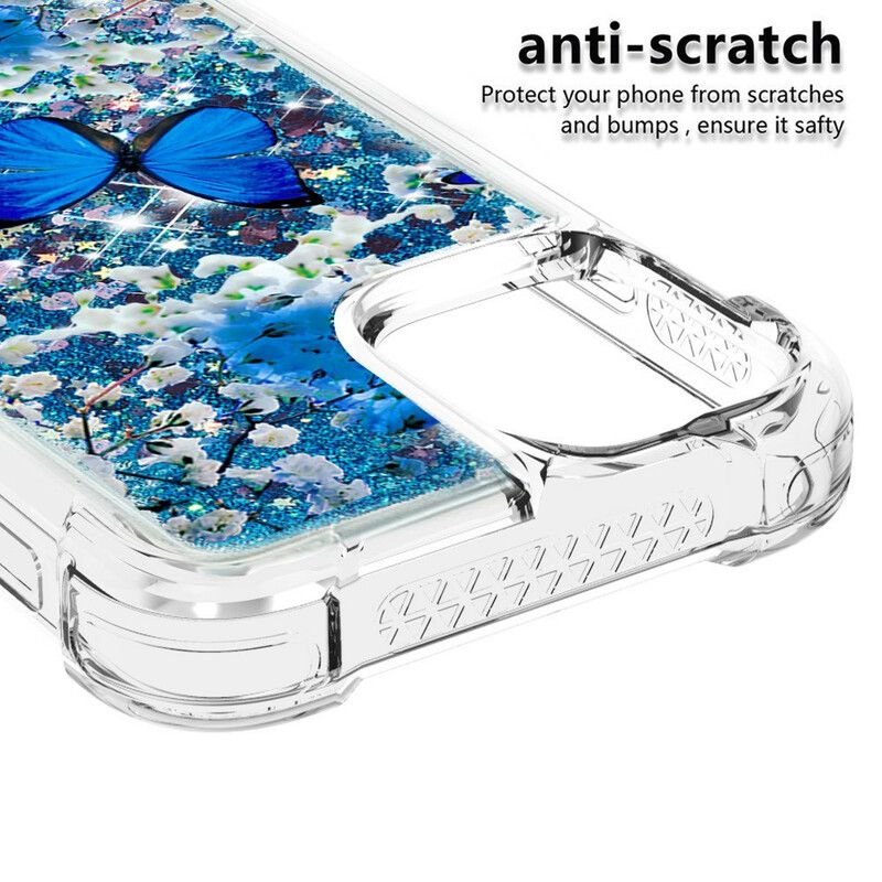 Kuori iPhone 13 Blue Glitter Butterflies Suojakuori