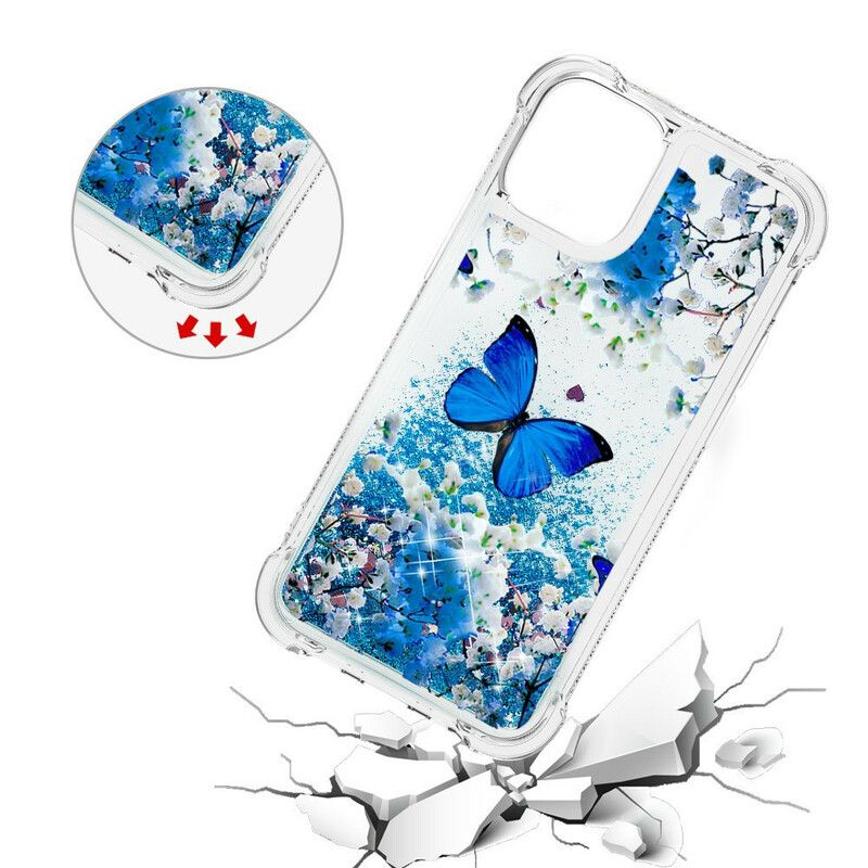 Kuori iPhone 13 Blue Glitter Butterflies Suojakuori