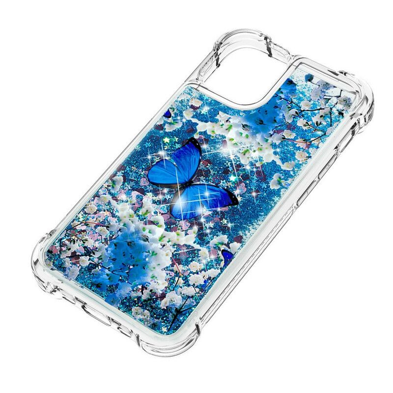 Kuori iPhone 13 Blue Glitter Butterflies Suojakuori