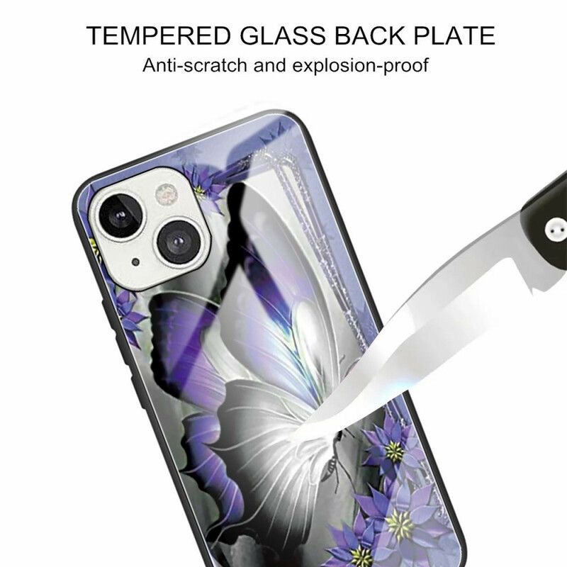 Kuori iPhone 13 Purple Butterfly Tempered Glass