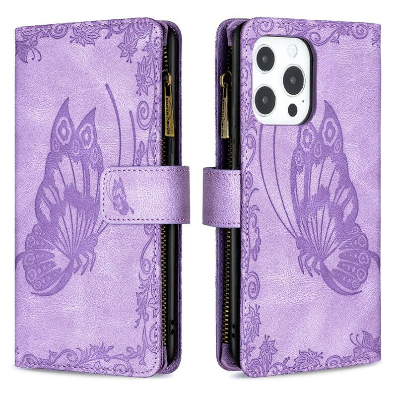 Flip Kotelot iPhone 13 Pro Max Butterfly Baroque Vetoketjullinen Tasku