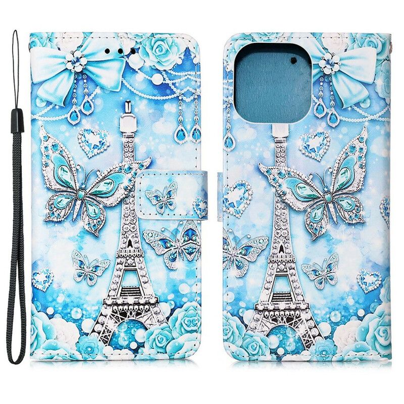 Flip Kotelot iPhone 13 Pro Max Eiffel-tornin Perhoshihna