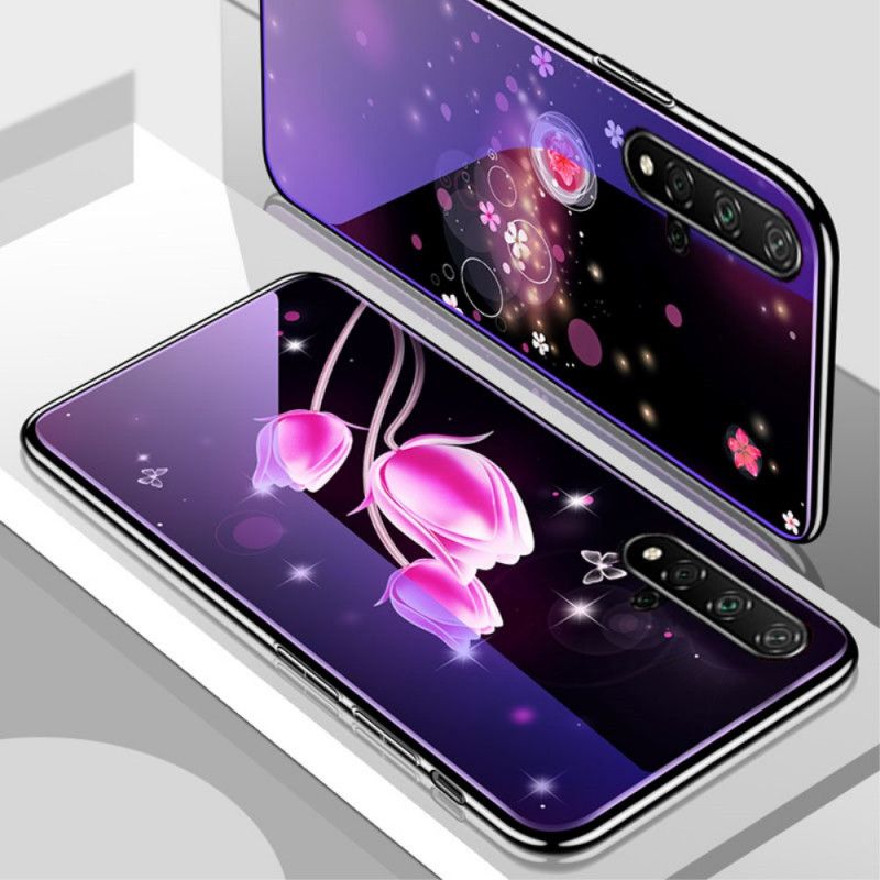 Kuori Huawei Nova 5T Magenta Karkaistu Lasi Ja Kukka-Silikoni