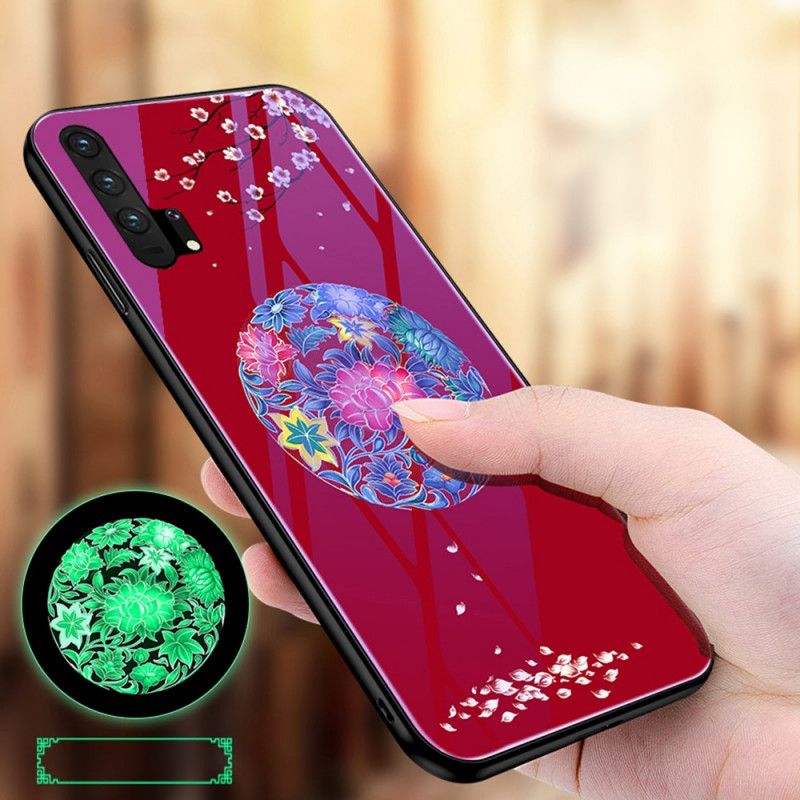 Kuori Honor 20 Pro Violetti Punainen Karkaistu Lasi Fluoresoivalla Kuviolla Suojakuori