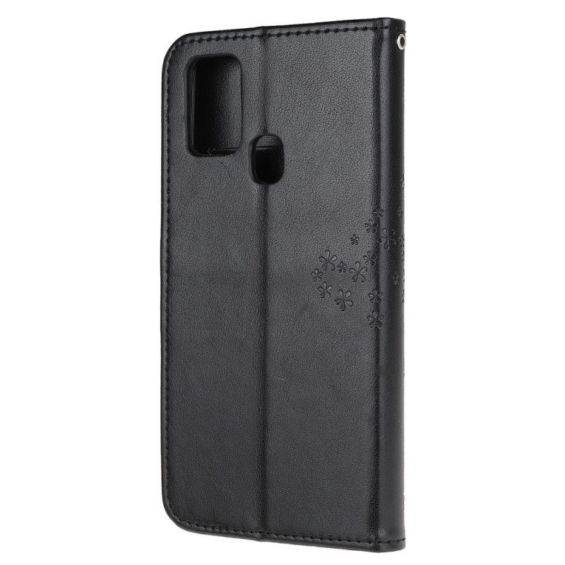 Flip Case Huawei P Smart 2020 Harmaa Musta Puu Ja Remmi Pöllöt