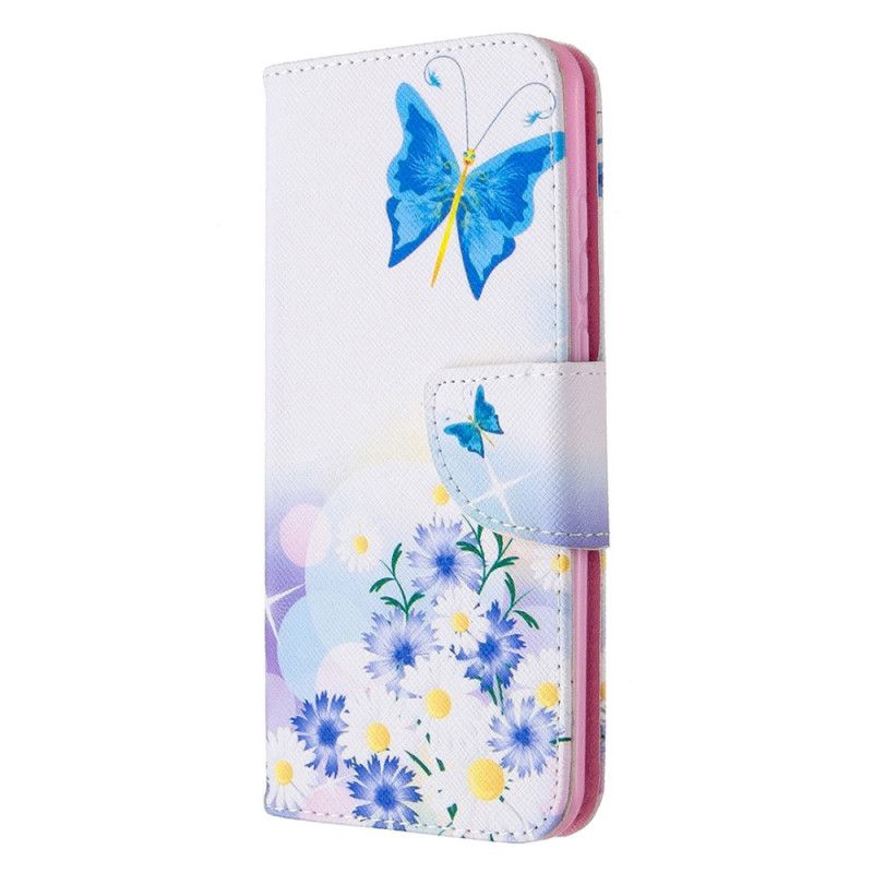 Flip Case Huawei P Smart 2020 Vaaleansininen Magenta Maalatut Perhoset Ja Kukat