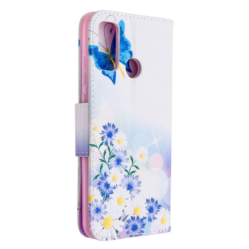 Flip Case Huawei P Smart 2020 Vaaleansininen Magenta Maalatut Perhoset Ja Kukat