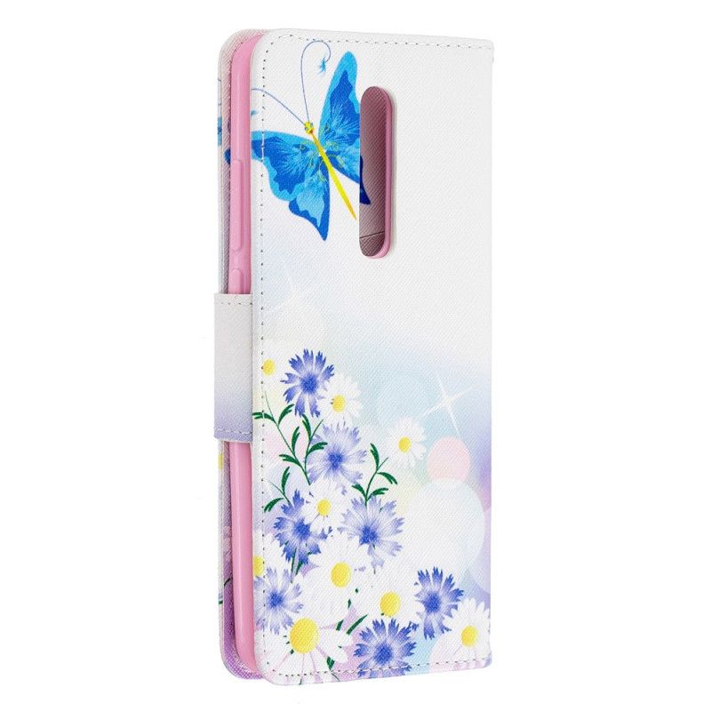 Flip Case Xiaomi Mi 9T / Mi 9T Pro Vaaleansininen Maalatut Perhoset Ja Kukat