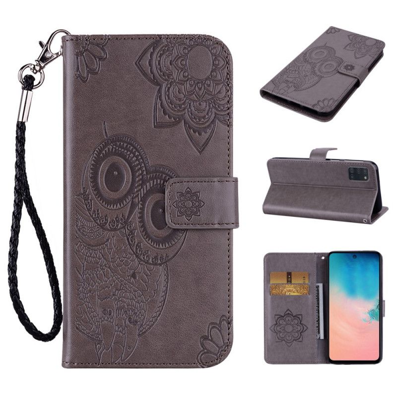 Flip Case Samsung Galaxy A31 Punainen Harmaa Pöllö Mandala Ja Remmi