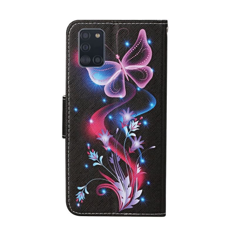 Flip Case Samsung Galaxy A31 Valkoinen Musta Perhoset Ja Remmi