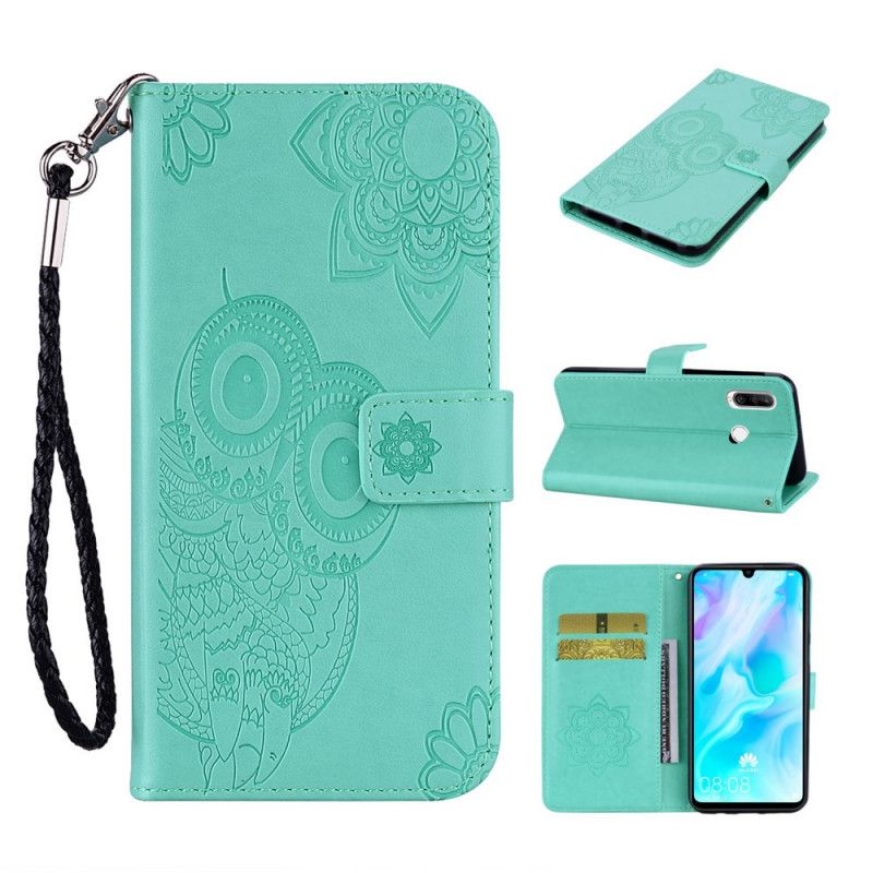 Flip Case Huawei Y6p Punainen Harmaa Pöllö Mandala Ja Remmi