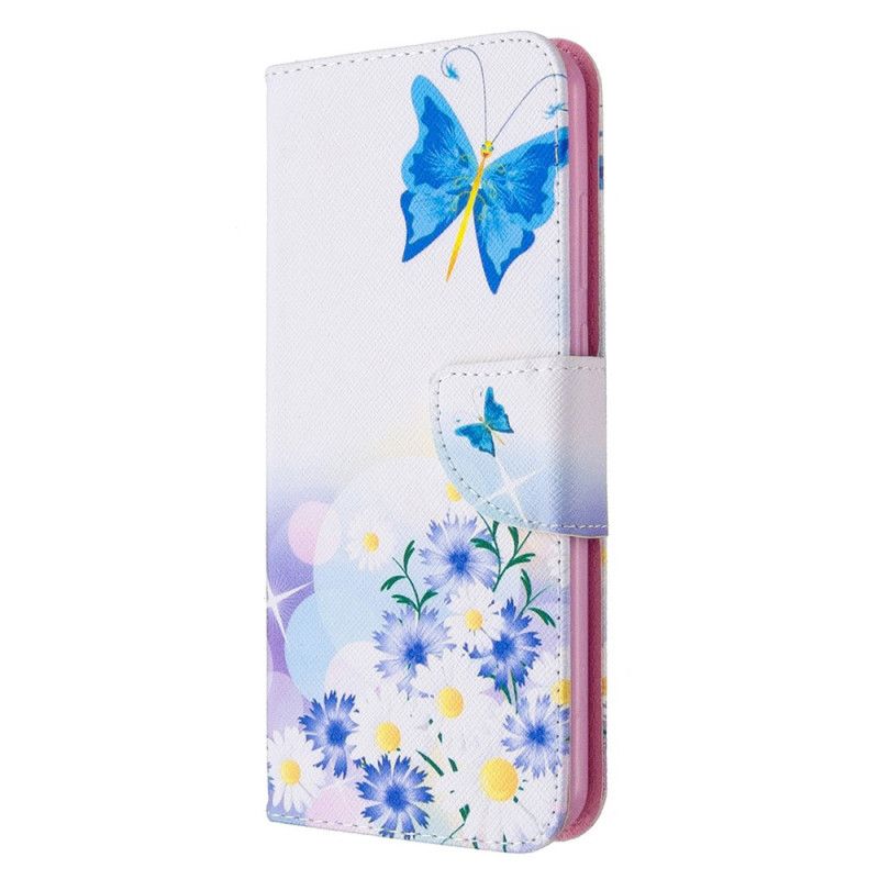 Flip Case Huawei Y6p Vaaleansininen Magenta Maalatut Perhoset Ja Kukat