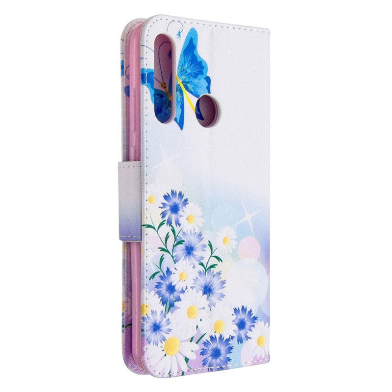 Flip Case Huawei Y6p Vaaleansininen Magenta Maalatut Perhoset Ja Kukat