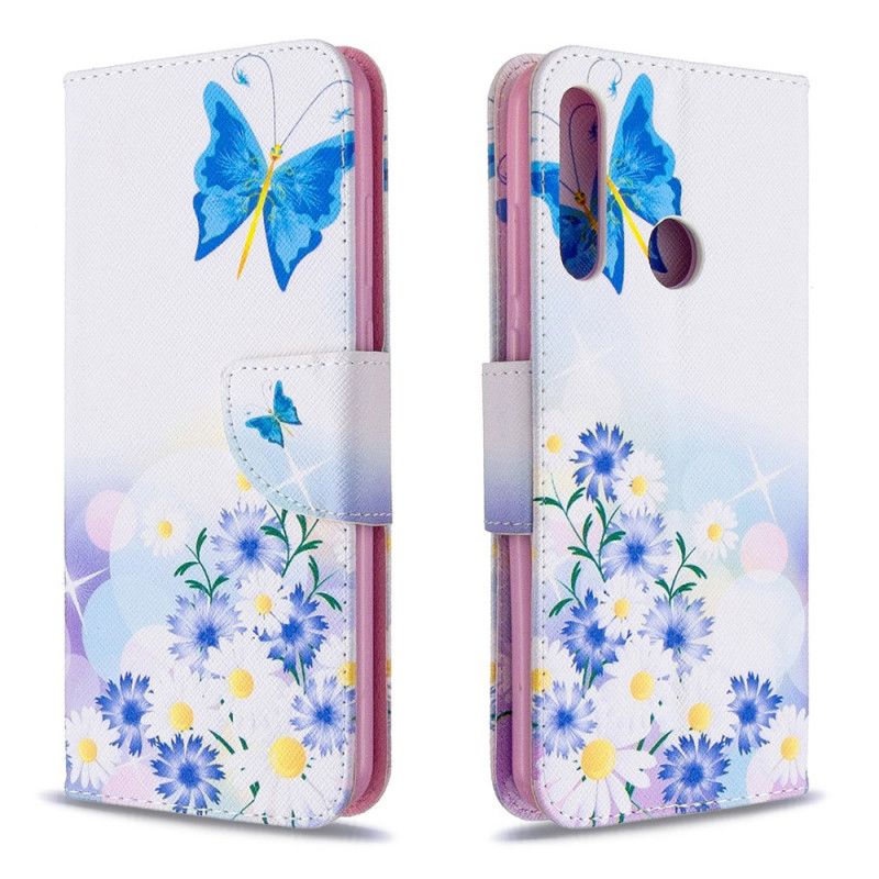 Flip Case Huawei Y6p Vaaleansininen Magenta Maalatut Perhoset Ja Kukat