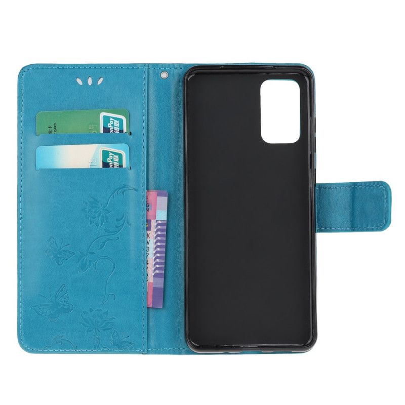 Flip Case Samsung Galaxy Note 20 Harmaa Musta Perhosia Ja Stringikukkia