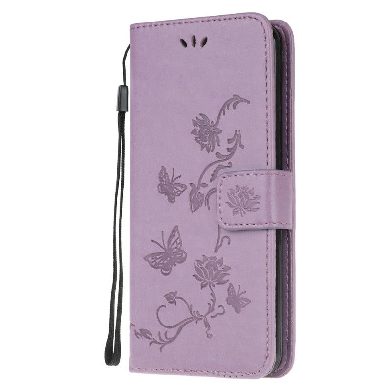 Flip Case Samsung Galaxy Note 20 Harmaa Musta Perhosia Ja Stringikukkia