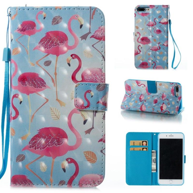 Flip Case iPhone 7 Plus / 8 Plus Vaaleansininen Valkoinen Useita Flamingoja