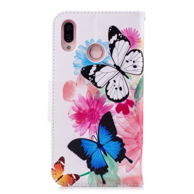 Flip Case Huawei P20 Lite Vaaleansininen Vaaleanpunainen Maalatut Perhoset Ja Kukat