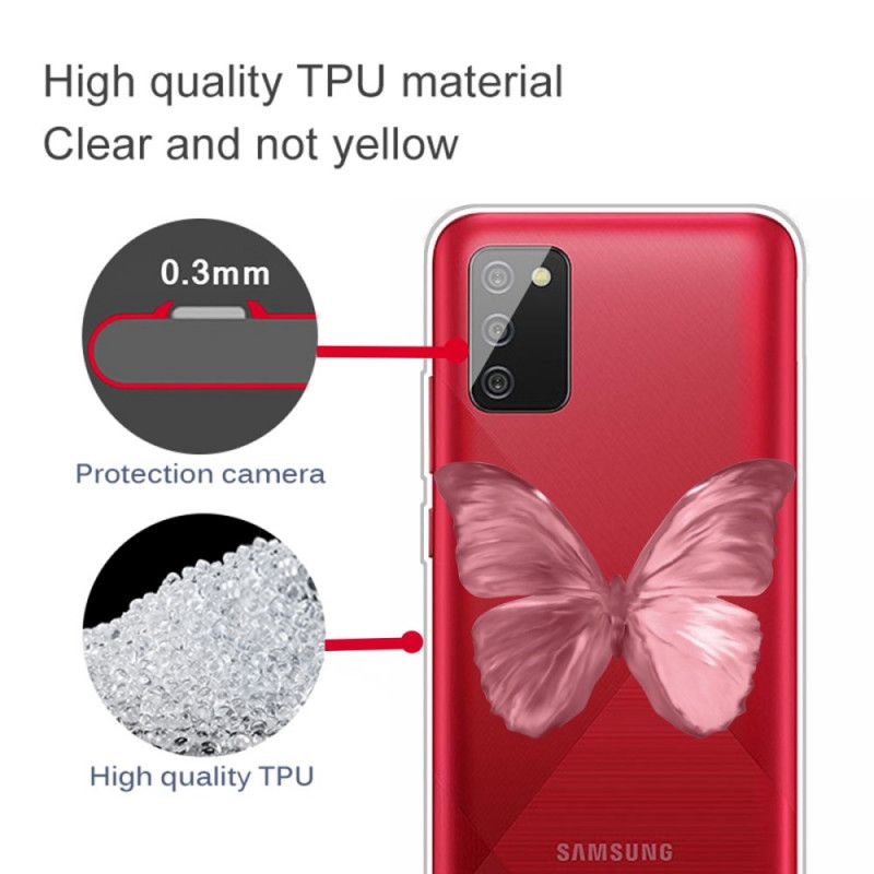 Kuori Samsung Galaxy A02s Tummansininen Vaaleanpunainen Villi Perhosia Suojakuori