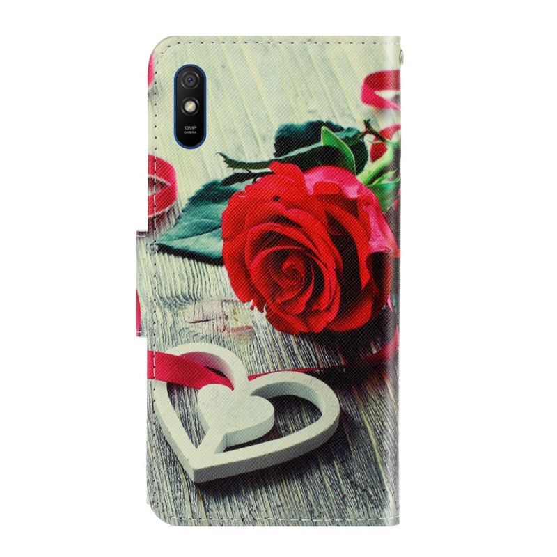 Nahkakotelo Xiaomi Redmi 9A Puhelinkuoret Romanttinen Ruusu Stringillä