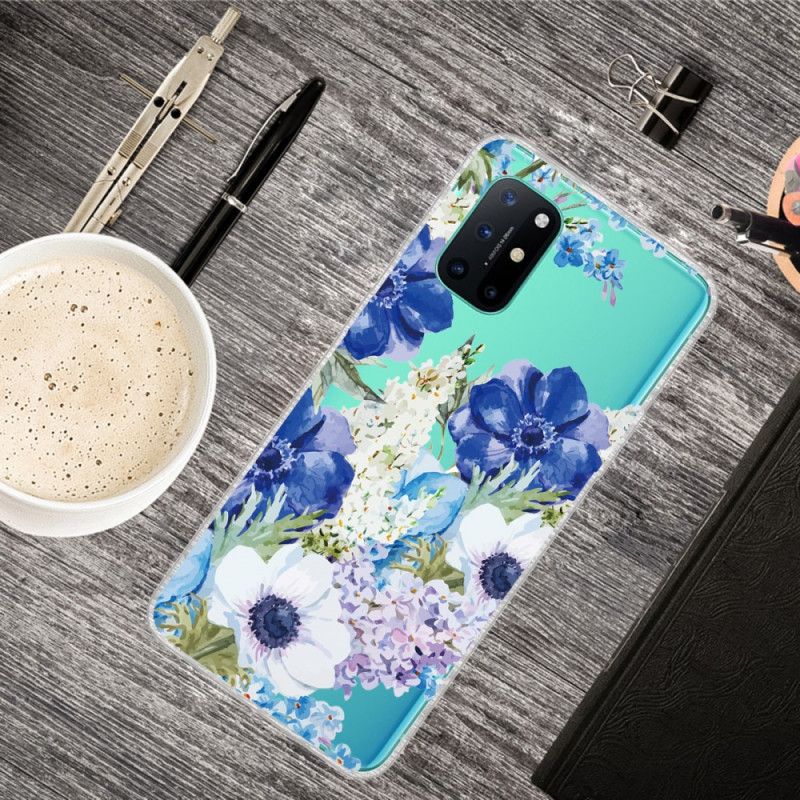 Kuori OnePlus 8T Läpinäkyvät Vesiväri Siniset Kukat Suojakuori