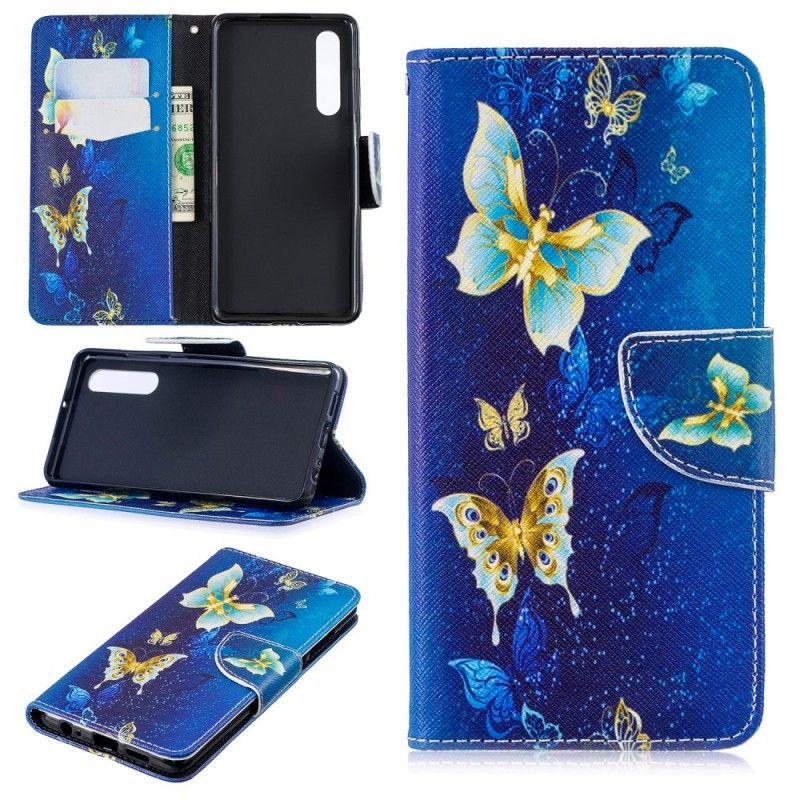 Flip Case Huawei P30 Tummansininen Perhosia Yöllä