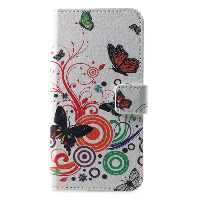 Flip Case Huawei P30 Vaaleansininen Musta Perhosia Ja Kukkia