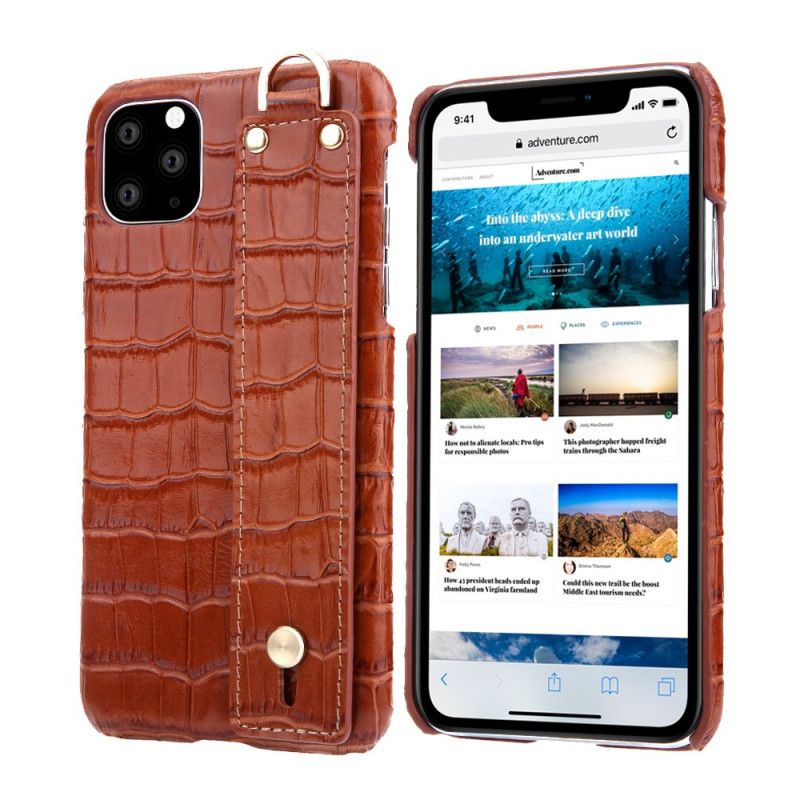 Case Kuoret iPhone 11 Pro Max Musta Puhelinkuoret Aitoa Krokotiilityyppistä Nahkaa Hihnalla