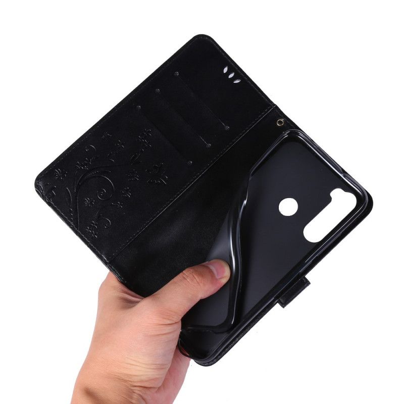 Flip Case Xiaomi Redmi Note 8 Harmaa Musta Perhosia Ja Kukkia