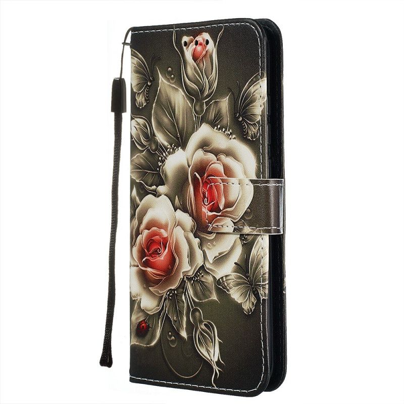 Flip Case Xiaomi Redmi Note 8 Musta Ruusu Hihnalla