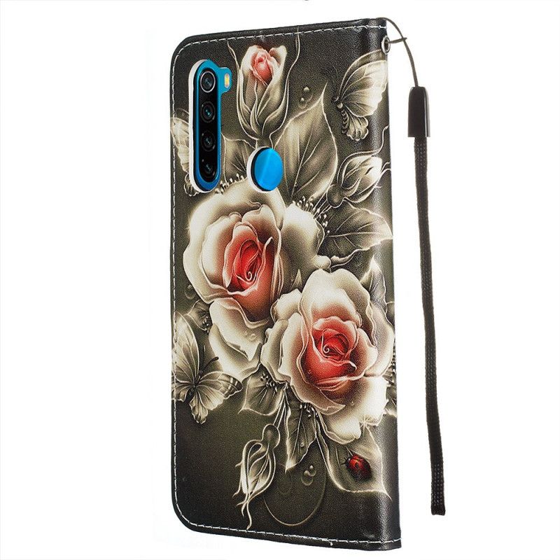 Flip Case Xiaomi Redmi Note 8 Musta Ruusu Hihnalla