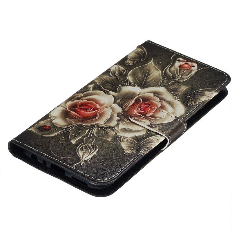 Flip Case Xiaomi Redmi Note 8 Musta Ruusu Hihnalla