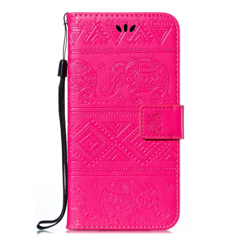 Flip Case Xiaomi Redmi Note 8 Tummansininen Magenta Tekonahkaa Heimojen Elefantteja