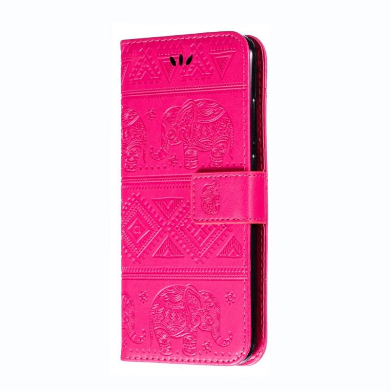 Flip Case Xiaomi Redmi Note 8 Tummansininen Magenta Tekonahkaa Heimojen Elefantteja