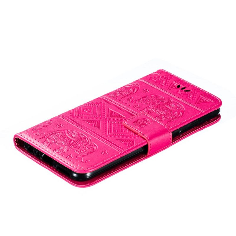 Flip Case Xiaomi Redmi Note 8 Tummansininen Magenta Tekonahkaa Heimojen Elefantteja