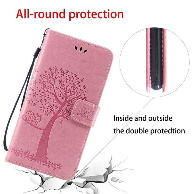 Flip Case Xiaomi Redmi Note 8 Vaaleansininen Vaaleanpunainen Puu Ja Remmi Pöllöt