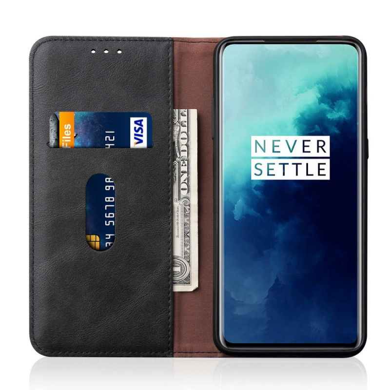 Flip Kotelot OnePlus 7T Pro Punainen Musta Puhelinkuoret Ommeltu Nahkaefekti