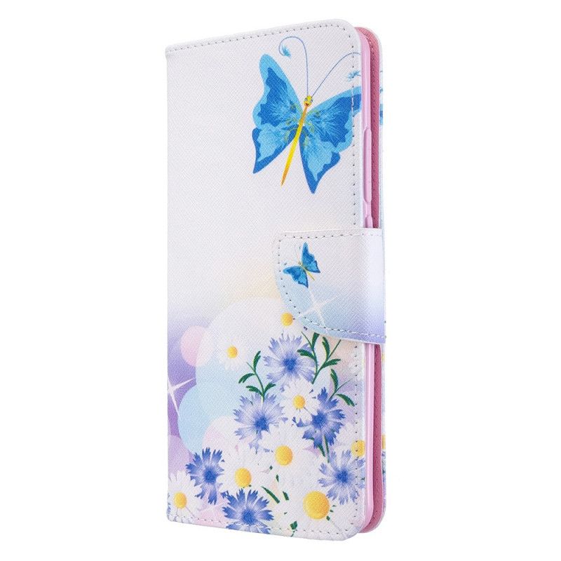 Flip Case Xiaomi Mi Note 10 / 10 Pro Vaaleansininen Vaaleanpunainen Maalatut Perhoset Ja Kukat