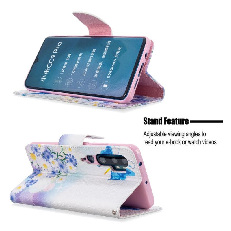 Flip Case Xiaomi Mi Note 10 / 10 Pro Vaaleansininen Vaaleanpunainen Maalatut Perhoset Ja Kukat