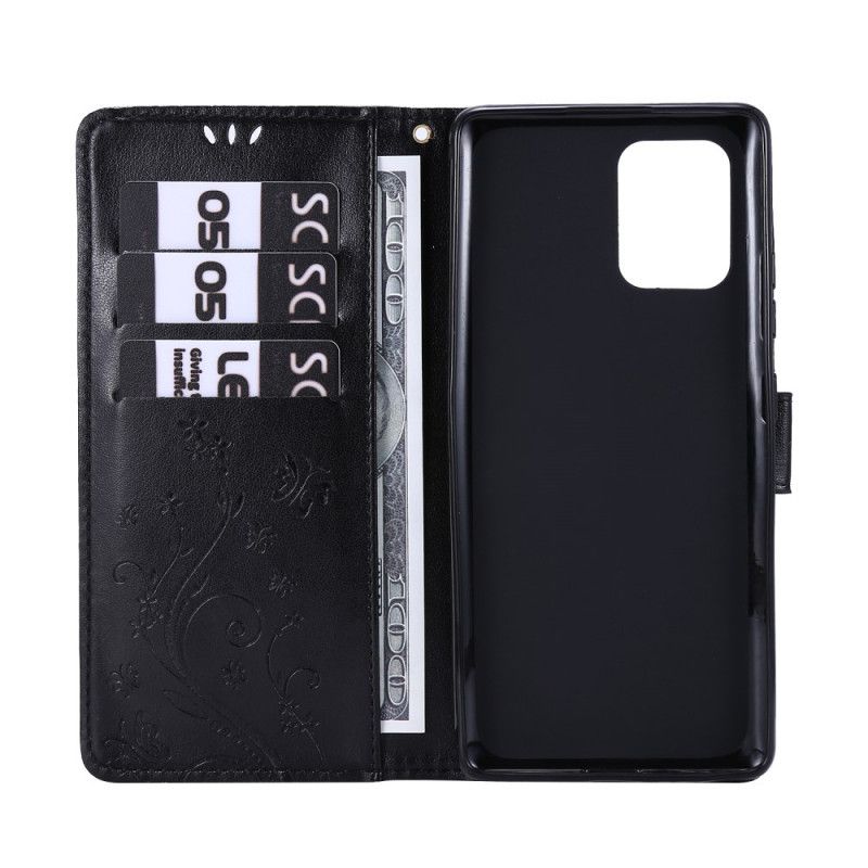 Flip Case Samsung Galaxy S10 Lite Harmaa Musta Perhosia Ja Kukkia