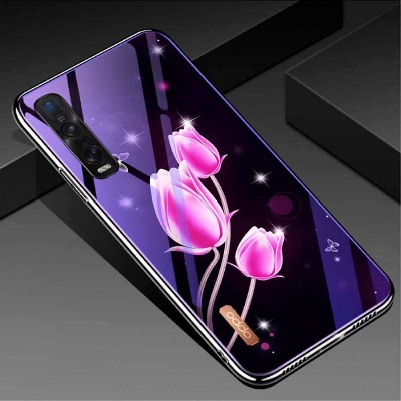 Kuori Oppo Find X2 Pro Magenta Karkaistu Lasi Ja Kukka-Silikoni