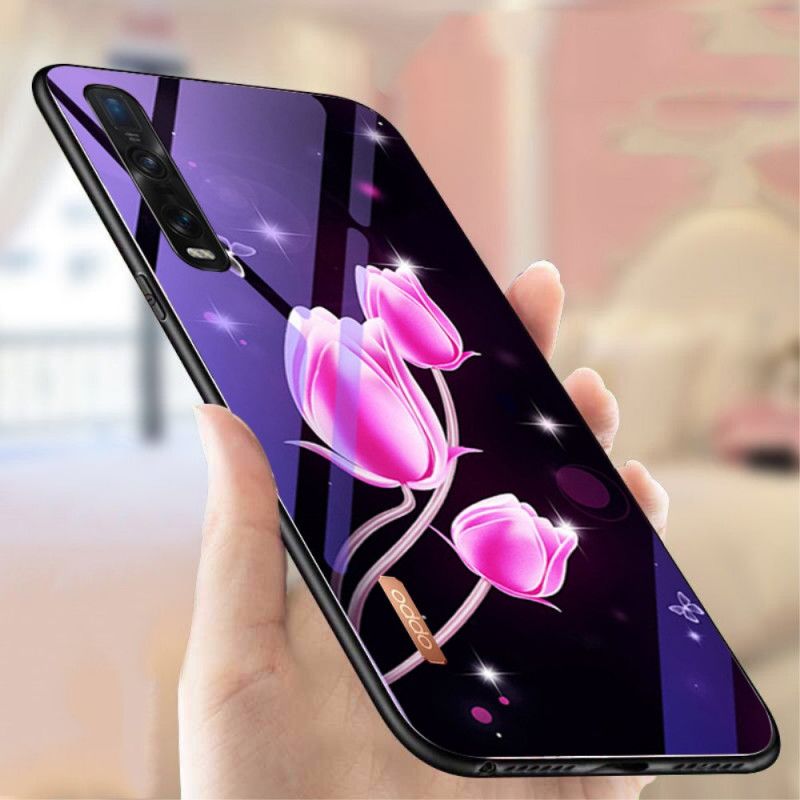 Kuori Oppo Find X2 Pro Magenta Karkaistu Lasi Ja Kukka-Silikoni