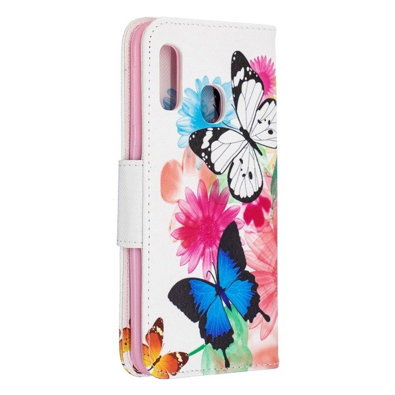 Flip Case Samsung Galaxy A20e Vaaleansininen Magenta Maalatut Perhoset Ja Kukat