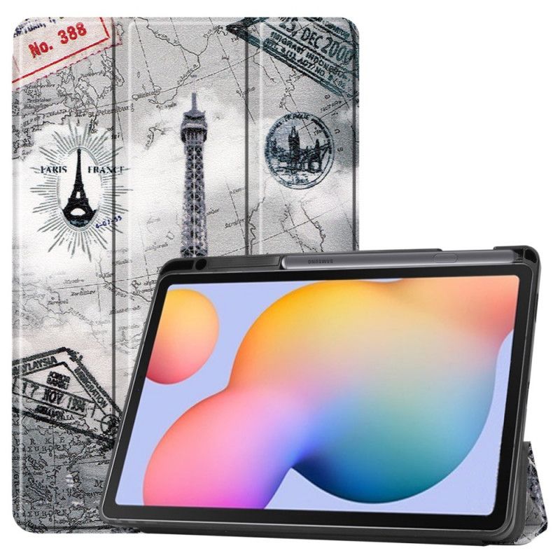 Älykotelo Samsung Galaxy Tab S6 Lite Retro Eiffel-Tornikynän Pidike